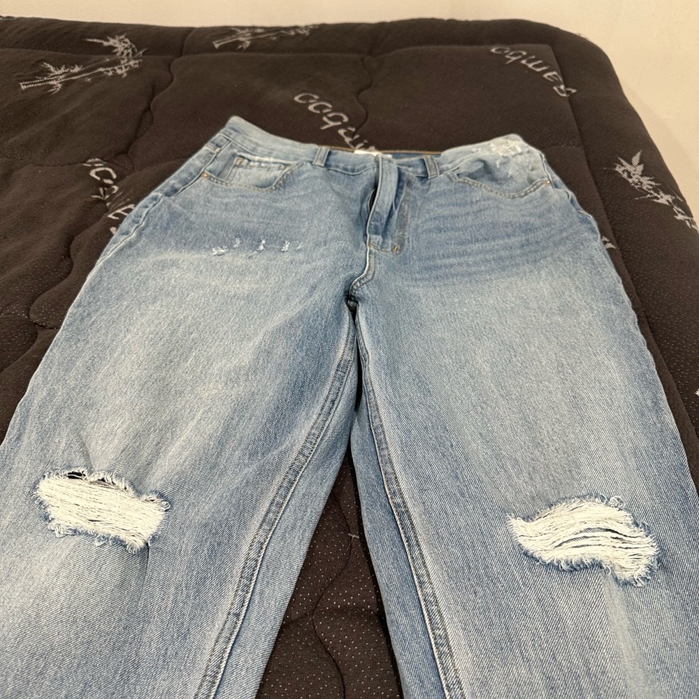 Fashion Nova Blue Boyfriend Jeans with Distressed Knees